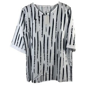 Women's White and Black Stripe Blouse Short Sleeve Career Office Size Large